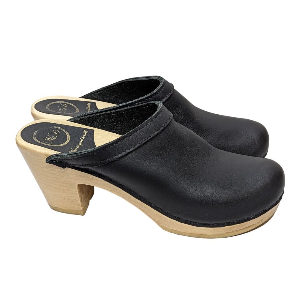 No. 6 Old School Clogs on High Heel Wood Base Black Leather EU 40 US 10
